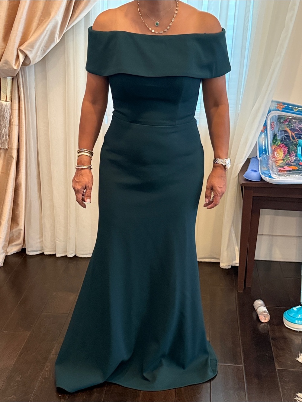 Betsy & Adam Off-Shoulder Teal Evening Gown